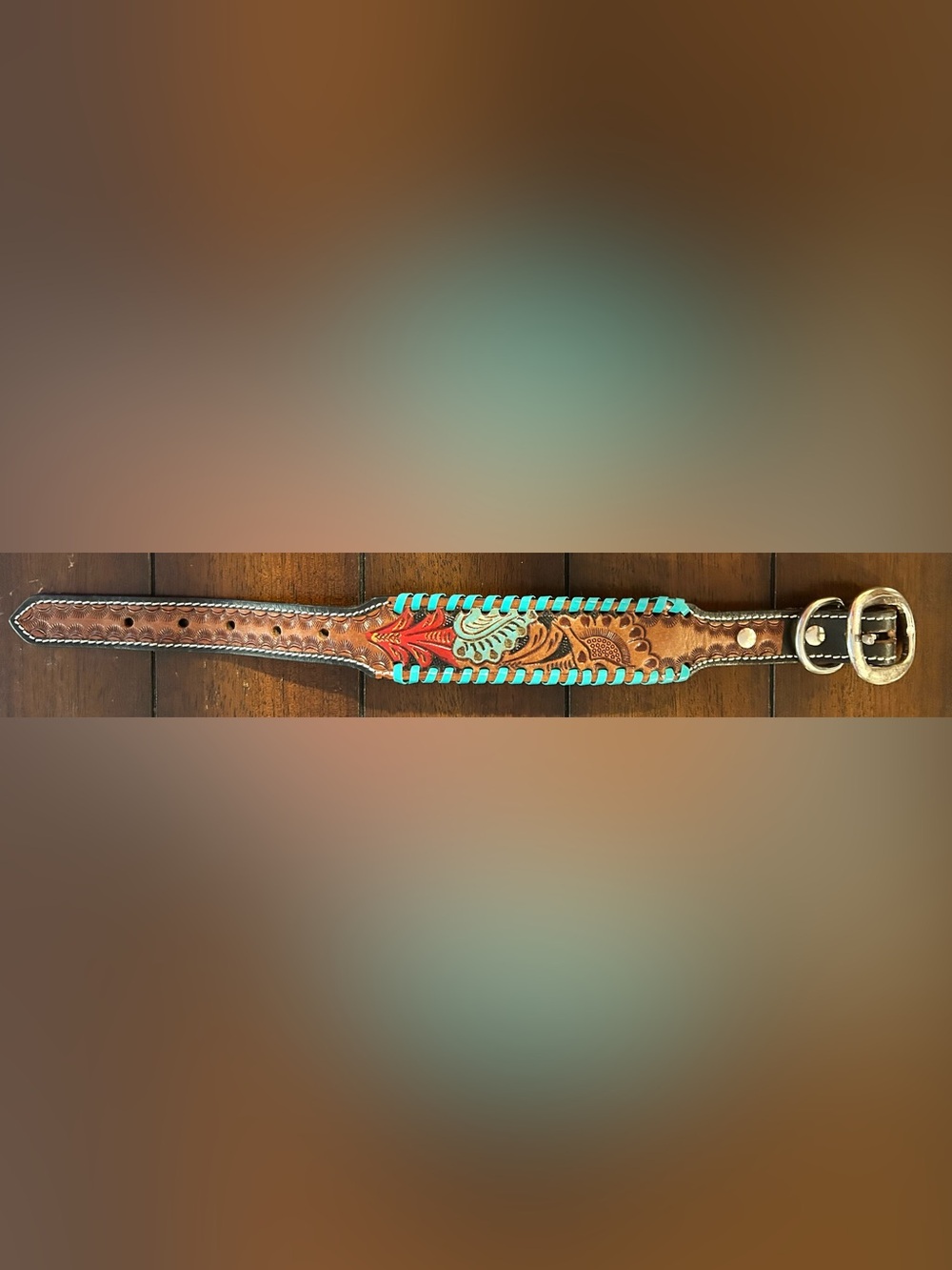 Tooled 100% Genuine Leather Western Collar w/ Turquoise and Red Accents-SMALL